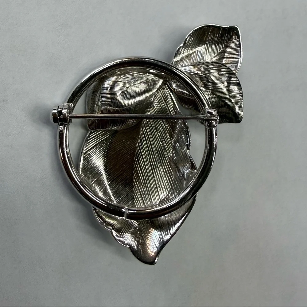 Vintage Silver Tone Leaf Brooch Pin with Faux Pearls